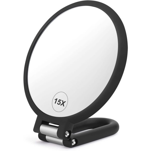 Håndholdt forstørrelsesspejl Dobbeltsidet, 1X 15X forstørrelsesspejl, håndholdt rejsespejl, 360° rotation Piedestal Makeup Spejl Vanity Mi