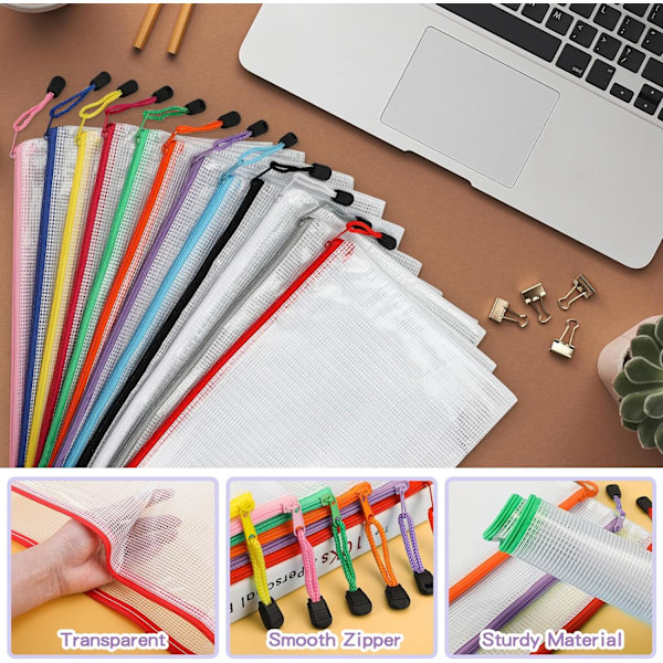 A4 Plastik Zip-mapper - 24 stk. Lynlås Filposer Mesh Zip Lock Dokument Tegnebogsholder Rejse Opbevaringspose til Kontorartikler og Rejsetilbehør 12 Colours  24 PCS A4