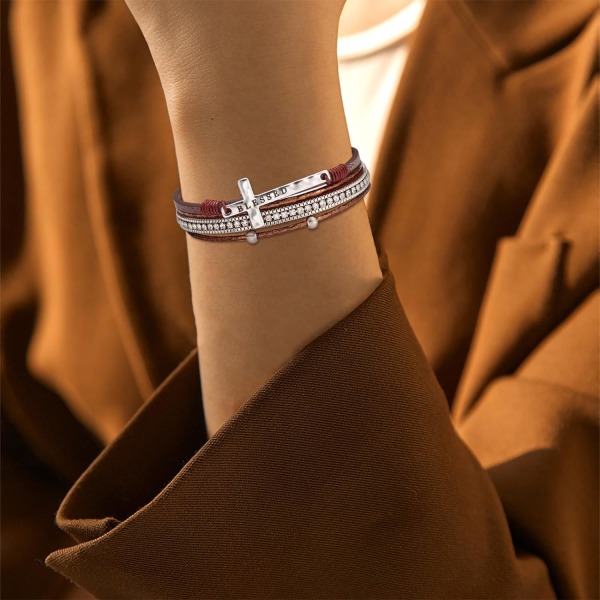 Leopard Armbånd til Kvinder, Boho Læder Wrap Multi-Layer Perle Krystal Armbånd Smykker B40:Blessed Cross(Brown) A7Feather