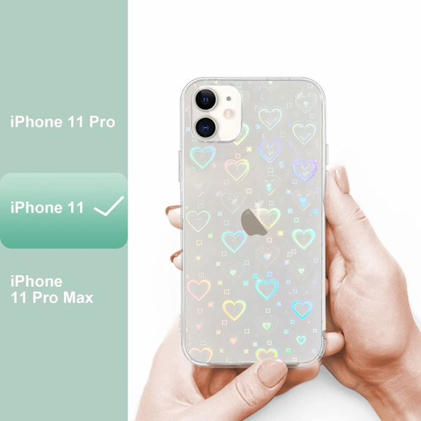 for iPhone 11 Etuier Krystallklar Søt Holografisk Hjertemønster for Kvinner Jenter Transparent Mote Glitter Silikon Bumper Støtsikker Beskyttelse