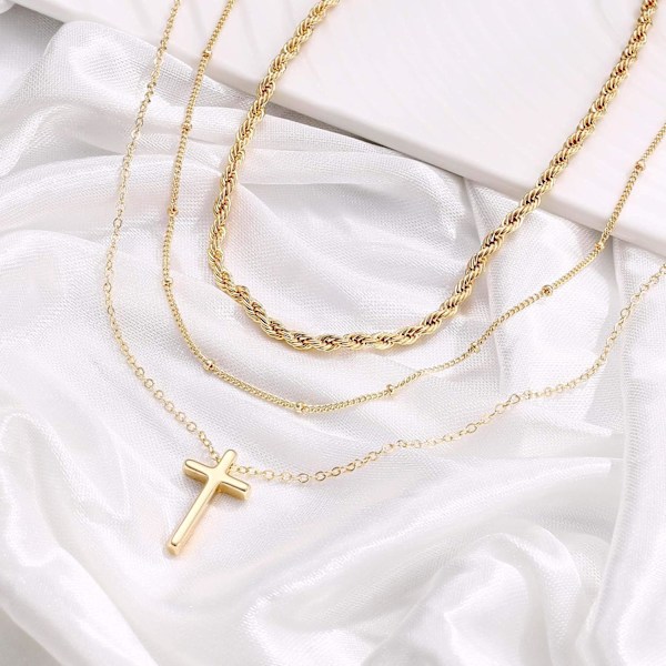 Fint Lagdelt Choker Halskæde, Håndlavet 14K Guldbelagt Y Vedhæng Halskæde Multilayer Bar Disc Halskæde Justerbar Lagdeling Choker Halskæder til Kvinder 3PCS  Twist chain&Beads Chain&Cross 3PCS  Chain&Bar&Hammered Disc