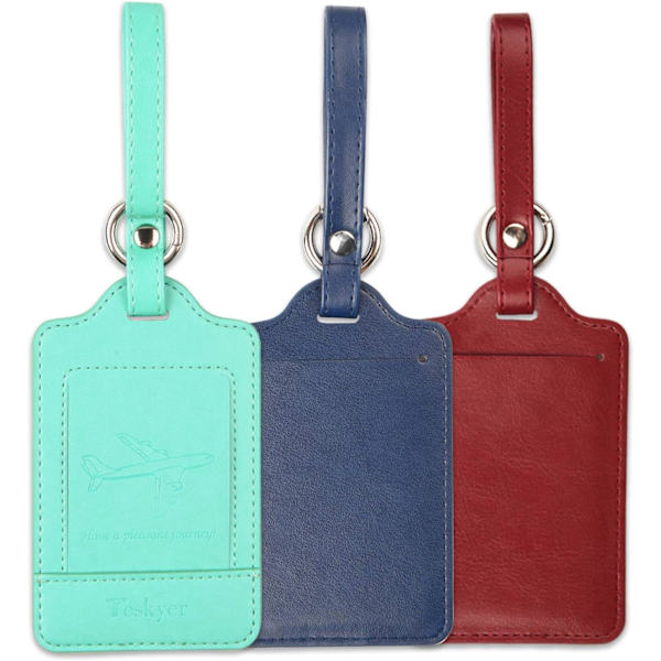Pakke med 3 bagagemærker, PU-læder bagagemærker til kufferter, bagagemærker med navneskilt, synlige, holdbare, rejsetilbehør, cyan Green+Blue+Wine Red 2.7 x 4.2 inch/6.8 x 10.7 cm