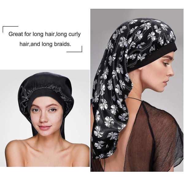 3 stk. Lang Satin Bonnet Søvn Cap, Blød Elastisk Bånd Løs Cap Bonnets Til Langt Hår, Fletninger