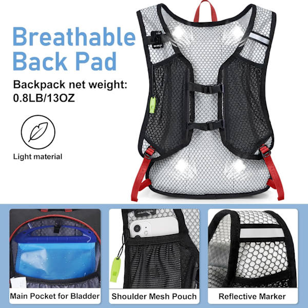 Lättviktsryggsäck för vätsketillförsel, löparryggsäck med 2L vattenblåsa, Hydro Water Daypack för cykling vandring Rave för män kvinnor Red1