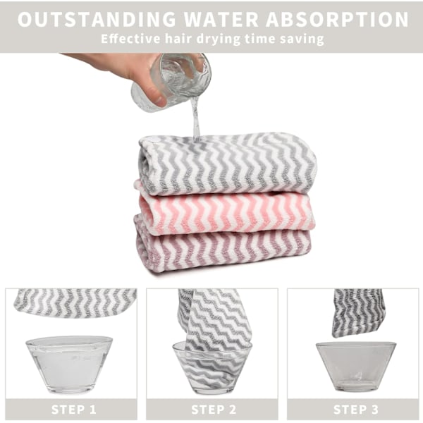 3-pak Mikrofiber Hårhåndklæde Wrap Superabsorberende Hurtigtørrende Hår Turban Håndklæder med Knapper Mikrofiber Håndklæder til Kvinder Pige Lang Krøllet Vådt Hår Small Stripes 65 x 25cm