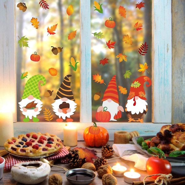 Høst Thanksgiving Window Clings - 4 ark Høst Gnome Elf Skandinavisk Høst Vindusdekor Dekorasjoner - Thanksgiving dekorasjoner til hjemmet, høst De
