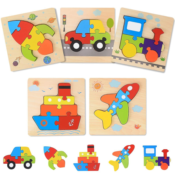 5 stk Kids 3d træstiksav pædagogisk tegneseriekøretøj børn puslespil legetøj