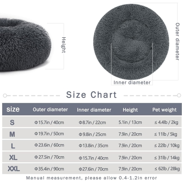 Calming Dog Cat Donut Bed - 23.6in Fluffy Plush Puppy Kitten Cuddler Round Bed, Warm and Soft Pet Cosy Anti Anxiety Beds with Non-Slip Bottom and Dark Grey 60.00 x 60.00 x 20.00 cm (L x W x H)