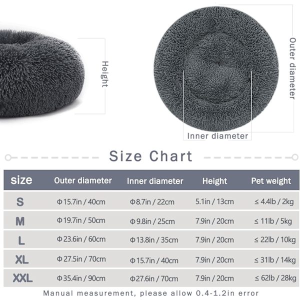Rolig hundekat donut seng - 19,7 tommer fluffy plysj valp kattunge koselig rund seng, varm og myk kjæledyr koselig anti-angst senger med sklisikker bunn og Dark Grey 50.00 x 50.00 x 20.00 cm (L x W x H)