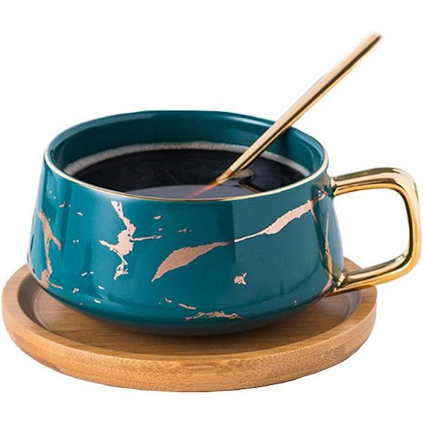 YBK Tech Porcelæn Te Kop Kaffe Kopsæt til Eftermiddagste - Marmor Mønster (Grøn, Kort 300ml + Træunderkop) Green., Short