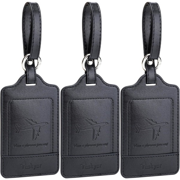 Pakke med 3 bagagemærker, PU-læder-bagagemærker til kufferter, bagagelabels med navne-id-kort, mærkbar, holdbar, rejsetilbehør, sort Black 2.7 x 4.2 inch/6.8 x 10.7 cm