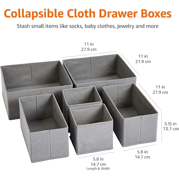 Sammenklappelige Tøjskuffeorganisatorer / Skillevægge til Garderobe, Soveværelse eller Køkken, Sæt af 6, Grå Grey Set of 6