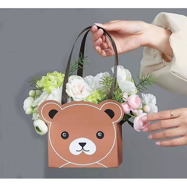 4 gaveposer, blomsterposer, gaveindpakning til bjørnetegninger, lavet af hvidt karton, bæreposer 17,7 * 10 * 14,5 cm (kaffefarve)