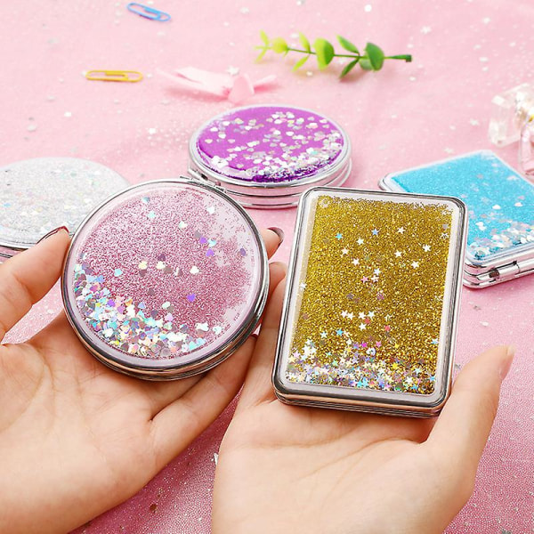 Dubbelsidigt kompakt cover med glitterrektangel och runda magnetiska hopfällbara speglar (2st, rosa)