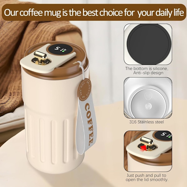 Kaffekopp Resemugg, 316 Rostfritt Stål Vakuumisolerad Kopp, LED Touch Screen Termometer, Smart Kopp Förseglad Flaska 410ml (Brun) brown
