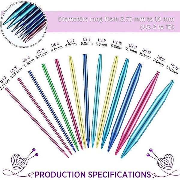 Färgglatt cirkulärt stickningsnålskit med 13 par multifunktionella stickade virknings- och sytillbehör x