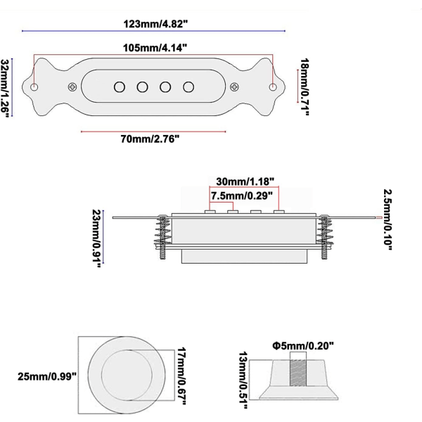 Fortrådet 4-strenget guitar single coil soundhole pickup ledningsnet til cigar box guitar, med volumen tone potter og knapper