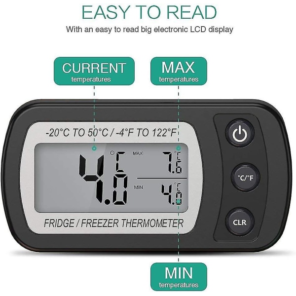 Digitalt kjøleskapstermometer, vanntett frysetermometer med krok, lettlest LCD-skjerm, maks/min opptaksfunksjon, flott for hjemmet, restauranter A