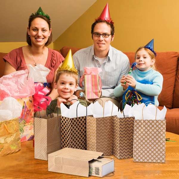 24 stk. gaveæsker med 24 servietter, gaveposer med håndtag, brune gaveposer i kraftpapir til fødselsdag, bryllup, babyshower, fest Brown 24 Pack with Tissues 1 count (Pack of 24)