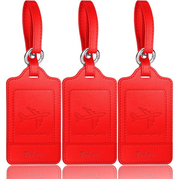 Paket med 3 Bagagelappar, Bagagelappar i PU-läder för resväskor, Bagageetiketter med namn-ID-kort, Märkbar, Hållbar, Resetillbehör, Röd Red 2.7 x 4.2 inch/6.8 x 10.7 cm