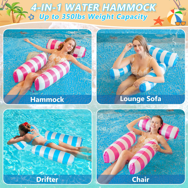 2 Stykker Oppustelige Pool-produkter til Voksne, 4 i 1 Vandhængekøje - Sadel/Lounge/Flyder/Flyder, Blå og Pink Pool-flyder