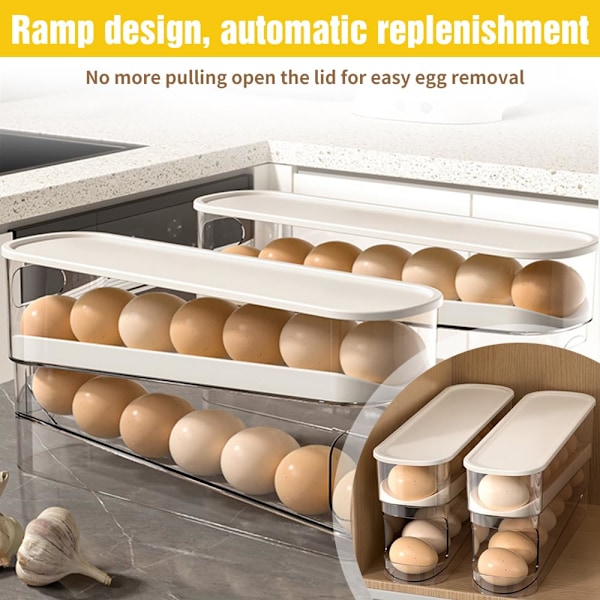 Munanpidike jääkaappiin, automaattinen vierivä munateline, munien annostelija automaattinen vierintä, tilaa säästävä, suurikapasiteettinen munien järjestäjävarasto (1 kpl)