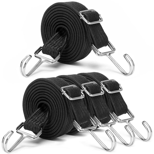Bungee-snor (sort), 2m justerbar flad elastiksnor med krogstrammer - 4-pak bungee-snore - Bungee-snore til toiletter, camping, rygsække, biler, bi