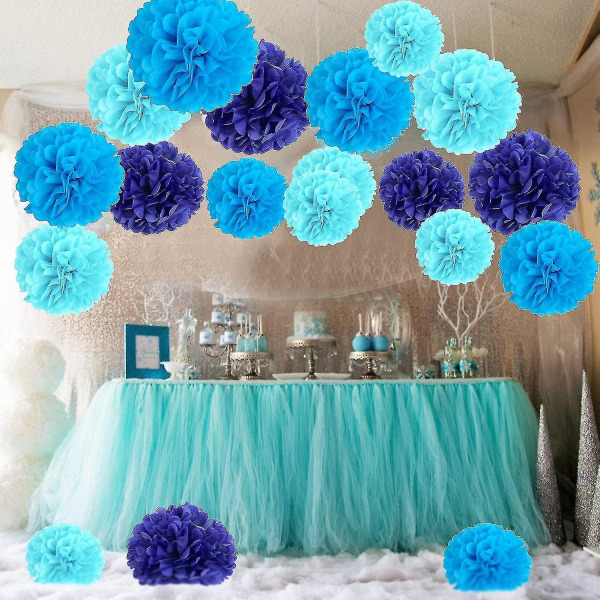 Pakke med 18, blå Pom Poms-blomster, dekorationspapirsæt til fest