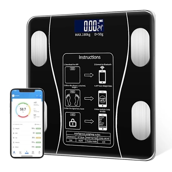 Älykäs sininen Bluetooth-digitaalinen kehon terveysvaaka | Mukautettu elektroninen seurantasovelluksen monitori | Langaton BMI, musta Black