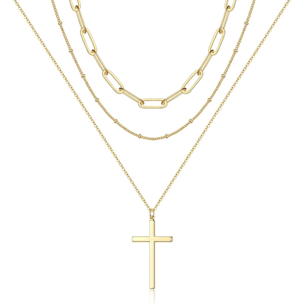 Fint lagdelt choker-halskjede, håndlaget 14K gullbelagt Y-anheng halskjede Flerlags stangskivehalskjede Justerbare lagdelte choker-halskjeder for kvinner 3PCS  Link Chain&Beads Chain&Cross 3PCS  Chain&Bar&Hammered Disc