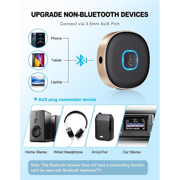 Bluetooth 3.5 mm AUX-adapter för bil, Mini Bluetooth 5.3-bilförstärkare för stereo/högtalare/trådbundna hörlurar, Bluetooth-bilsadapter AUX, handsfree Gold
