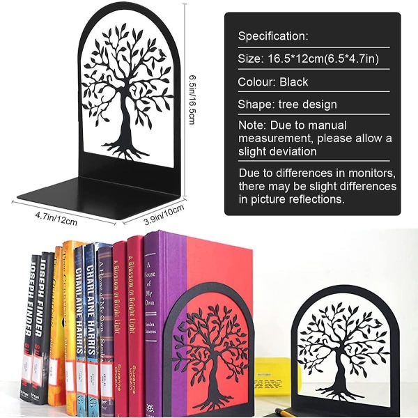 Bokstöd, Mini bokhållare, Metal Tree Of Life bokavskiljare, för kontorsdekoration, barn, skolor, design, cd, bokhandel, bokhylla, svart 1 par