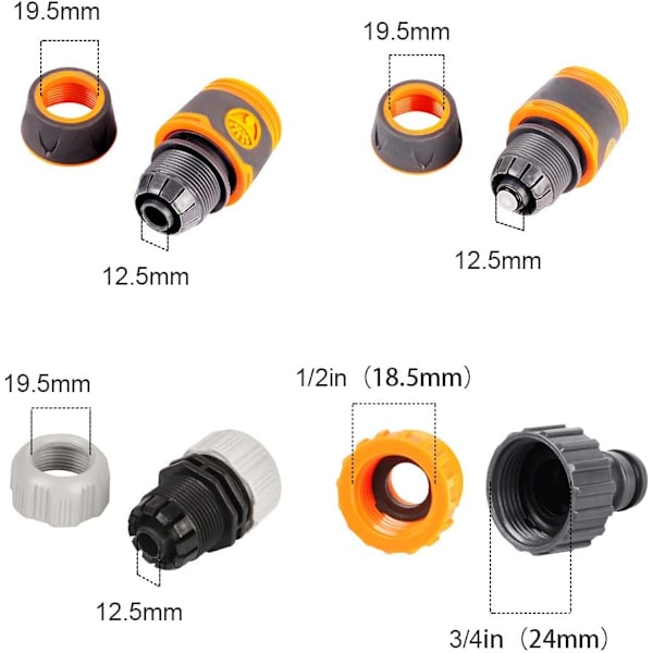 4-pakke slangekoblingssæt i plast, rørsamlingskoblingssæt, 1/2\" slangeendeadapter, vandstopkobling, 1/2\"&3/4\" 2 i 1 hane-adapter, et Multisize Connector Suit