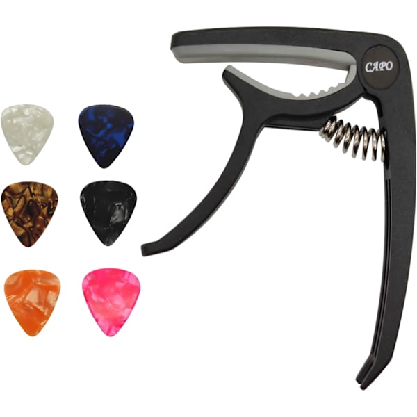 Capo, Gitar Capo, Ukulele Capo, PPpanda Trigger Capo Capotastos for Akustiske Elektriske Gitarer og Ukulele med 6 plekter Black
