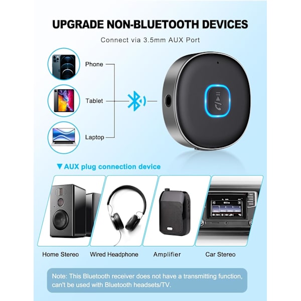 Bluetooth 3.5 mm AUX-adapter för bil, Mini Bluetooth 5.3-bilförstärkare för stereo/högtalare/trådbundna hörlurar, Bluetooth-bilsadapter AUX, handsfree Grey