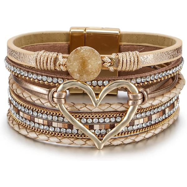 Naisten leopardrannekoru, Boho nahkainen kääre monitasoinen helmikristallirannekoru B30:Heart Leather(Gold) A7Feather