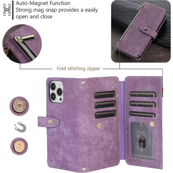 Kortfack Crossbody phone case för Iphone 14 Pro 6,1 tums lila vintage läderplånbok med flera fack med stötsäker flip handledsrem Kortplats blixtlås P