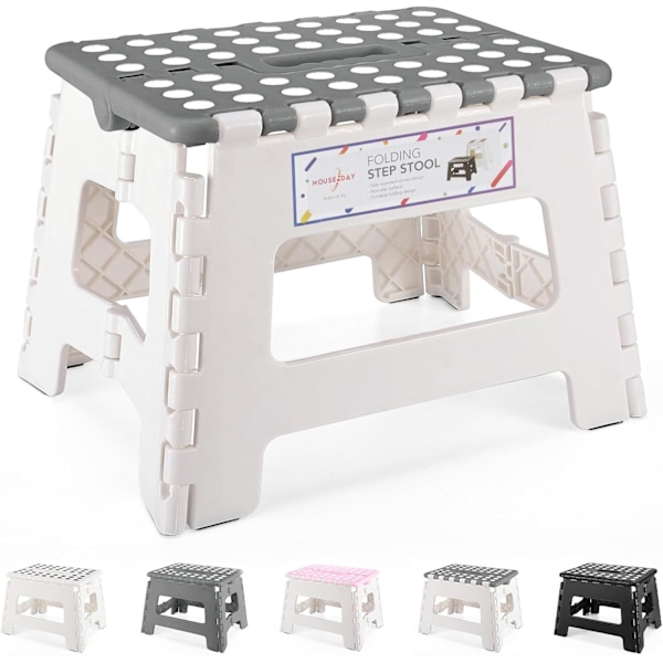 Fällbar Stegpall Lättviktsplast Stegpall, 9 tum Fällbar Stegpall för Barn & Vuxna, Halksäkra Fällbara Pall för Badrum Sovrum, Plast Black 1 Pack, Gray & White