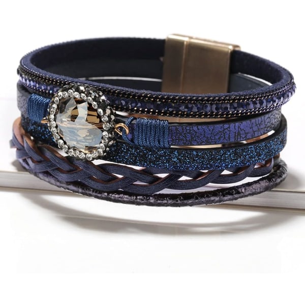 Leopardarmbånd for kvinner, Boho skinnomslag flerlags perle krystallarmbånd smykke B26Crystal Leather(Blue) A7Feather