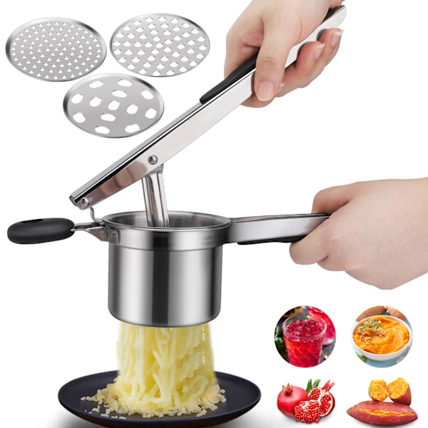 Kraftig kartoffelmoser i rustfrit stål med 3 udskiftelige sier til grov, medium & fin, madpresser til kartoffelmos, puré, frugt