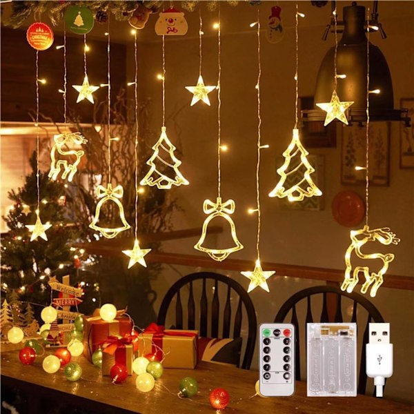 LED String Lights, Stars, 3.5m, 8 Modes, Christmas Lighting, Indoor, Window, Warm White, Christmas Decoration, Indoor, Window Lighting, Battery