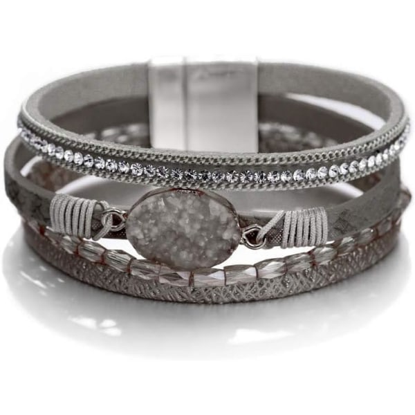 Leopard Armband för Kvinnor, Boho Läder Wrap Multi-Layer Pärla Kristall Armband Smycken B20Grey Stone(Short) A7Feather