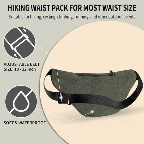 Bum Bag Hoftevesker for Kvinner Menn, Reise Fanny Pack for Damer Bumbags Hoftepakke for Løping Gåing, Vanntett Bum Bags Crossbody Justerbar Lig Army Green