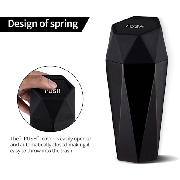 Bilsopkorg med lock, diamantdesign liten automatisk bärbar sopkorg, lätt att rengöra, används i bil hemmakontor inredning tillbehör, 2PCS ( Black 2