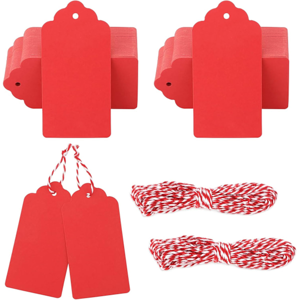 Kraftpapir Gavemærker - 100 stk Store Blanke Gavemærker - 5x10CM Røde Blanke Etiketter med snor til Gaver, 300g/m² Red 5x10CM100PCS