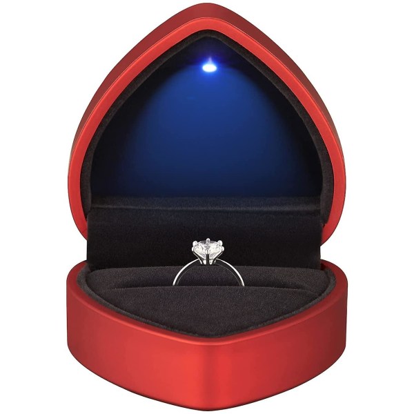 Hjerteformet ringgaveeske med LED-lys, fløyeløredobber Smykkeveske med lys, til bryllup, bursdag og jubileum (rød-2 stk)
