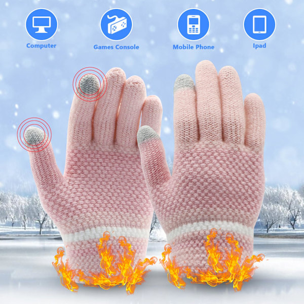 Barnvantar, Stickade Vantar för Vinter, Stretchiga Barnvantar, Helfingersvantar för Barn, Fluffiga Varma Barnvantar för Pojkar och Flickor Pink