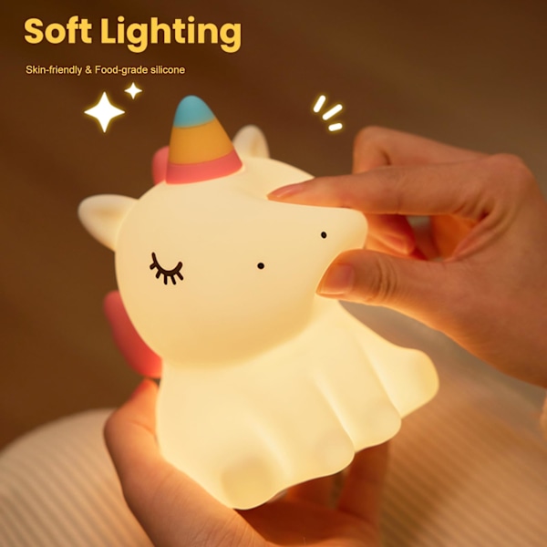 Unicorn Natlampe til Børn, Sød Silikone Natlampe til Babyværelse Dæmpbar LED Blød Unicorn Lampe Genopladelig Sengelampe med Touch