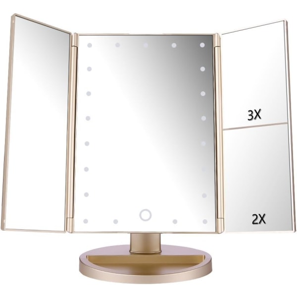 Valaistu meikkipeili 3X/2X/1X suurennuksella, 21 LED-valoa ja kosketusnäytön himmennettävä peili, kaksi power , pöytämeikki Gold