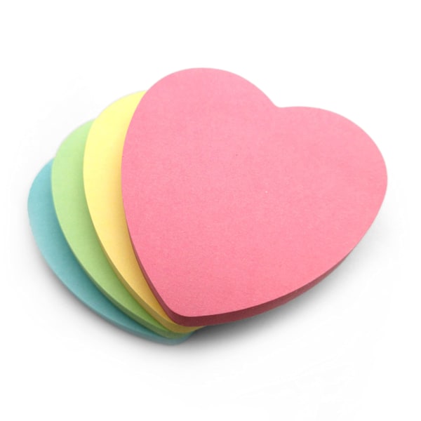Hjärtformade Självhäftande Post-it-lappar | Avtagbart Klister Olika Färger (Gul, Rosa, Blå, Grön) | 100 Ark per block - 70x70mm (4 Block, Pastellhjärtan)